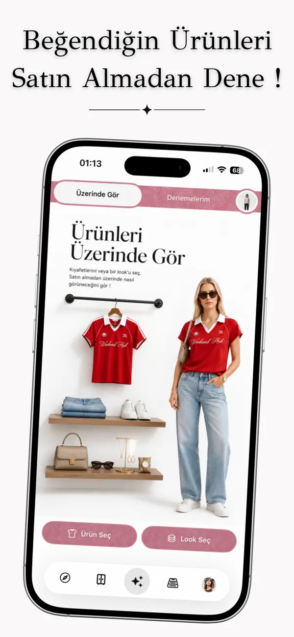 Fitcheck uygulamasında seçilen kıyafetin kişisel profil üzerinde sanal denemesi