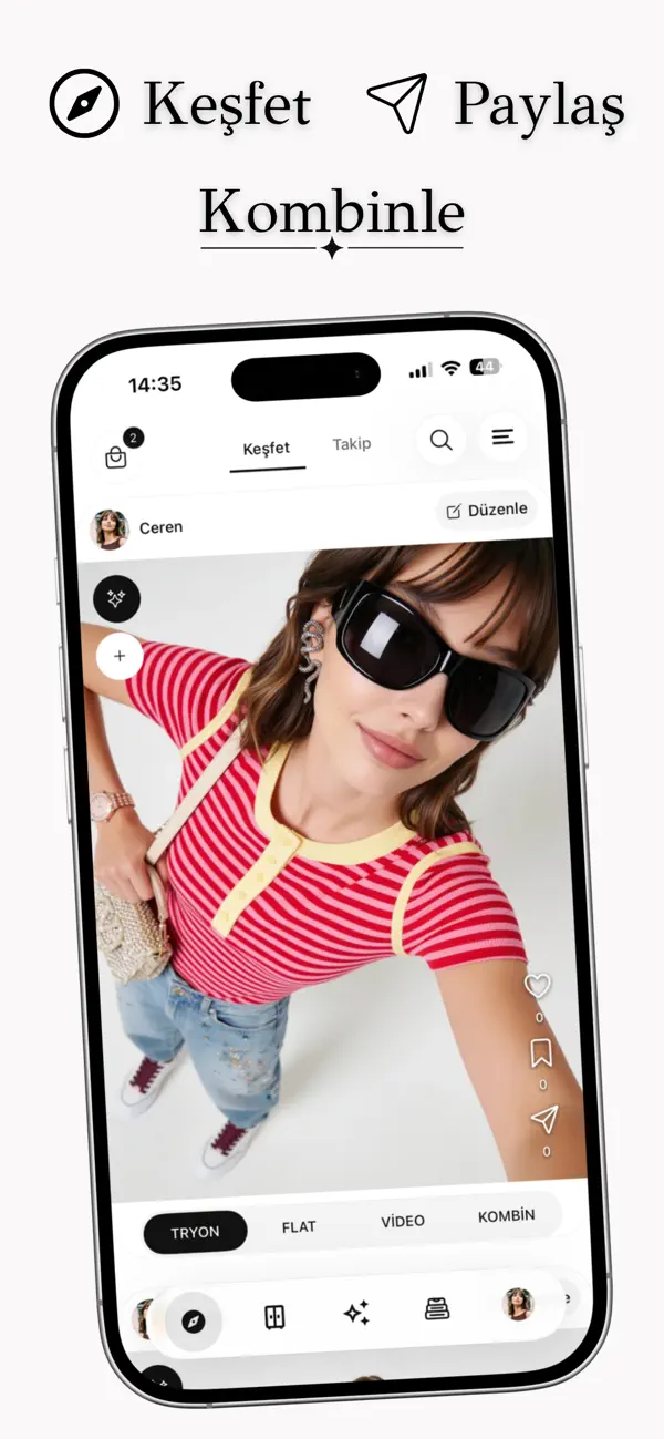 Fitcheck topluluk akışındaki kombin, kaydetme ve paylaşma ekranı