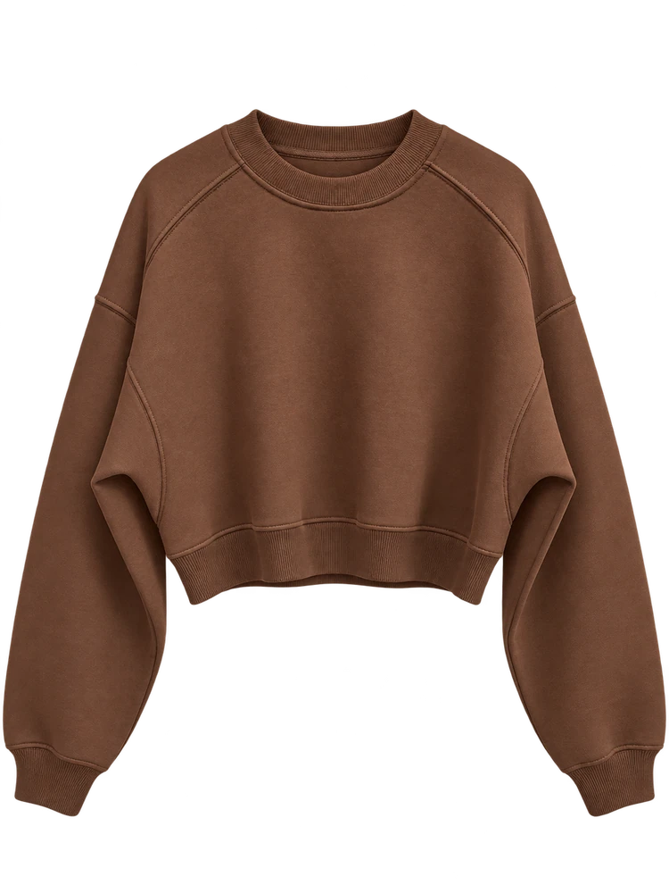 0 Yaka Basic Crop Sweatshirt — Kahverengi