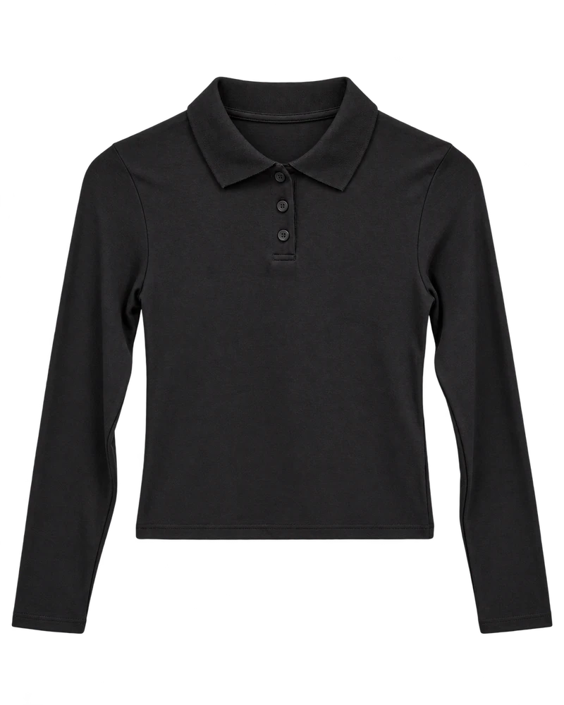 Polo Yaka Düğmeli Body — Siyah