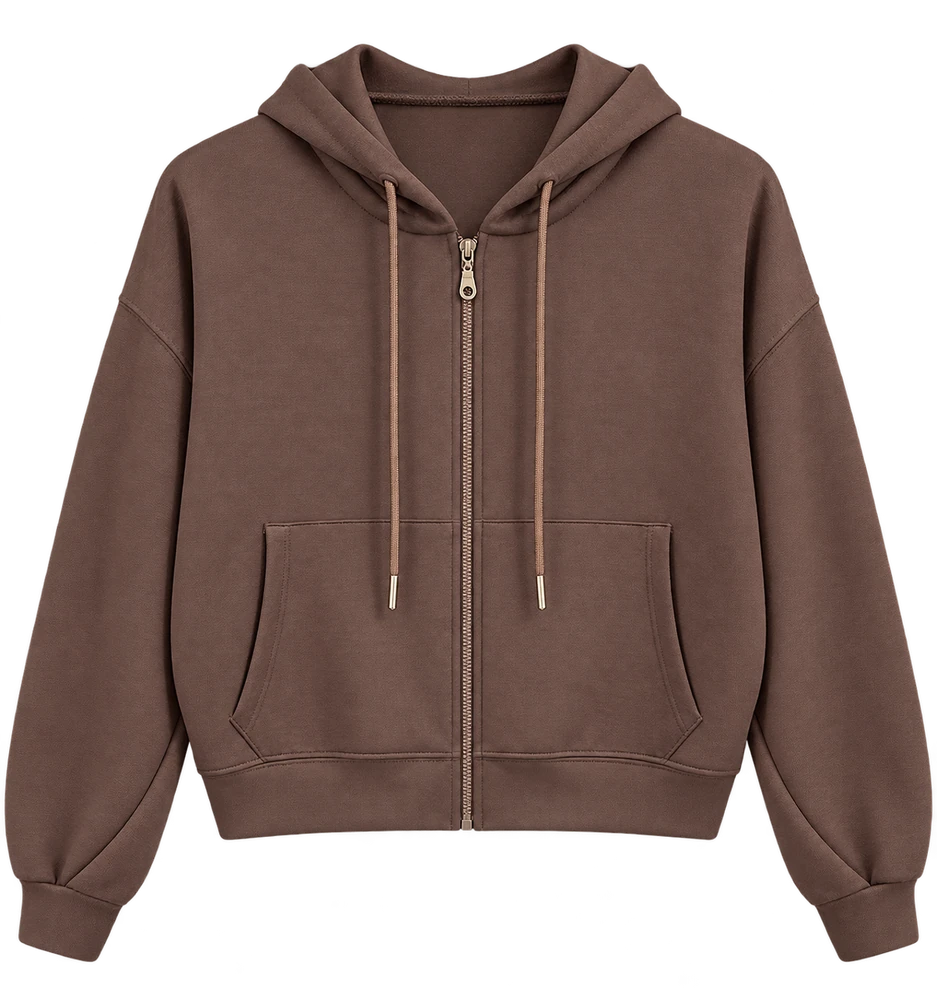 Kanguru Cep Fermuarlı Sweatshirt — Kahverengi