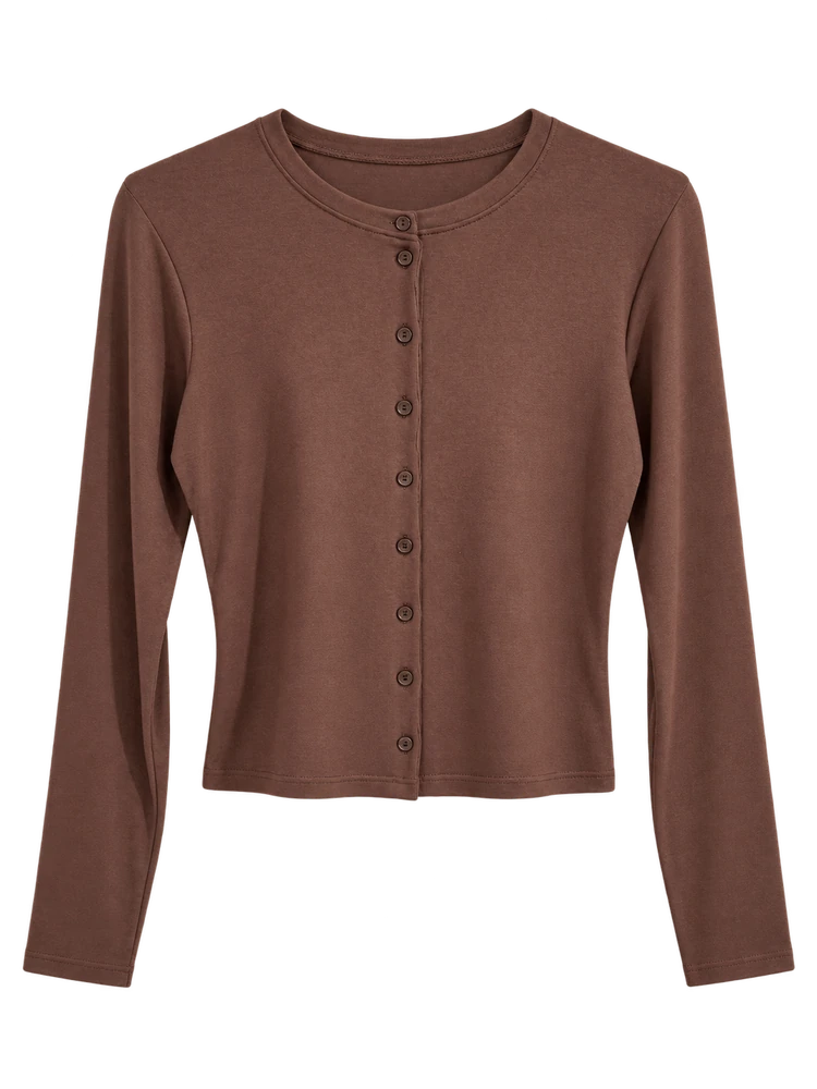 Düğmeli Modal Hırka Body — Kahverengi