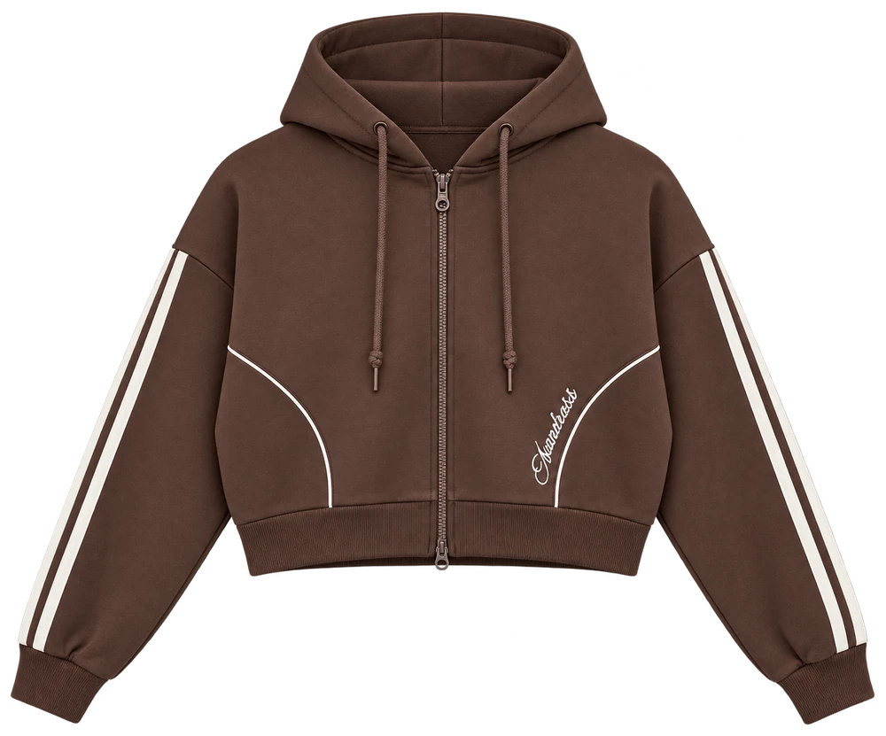 3 İplik Şeritli Nakışlı Fermuarlı Sweatshirt — Kahverengi