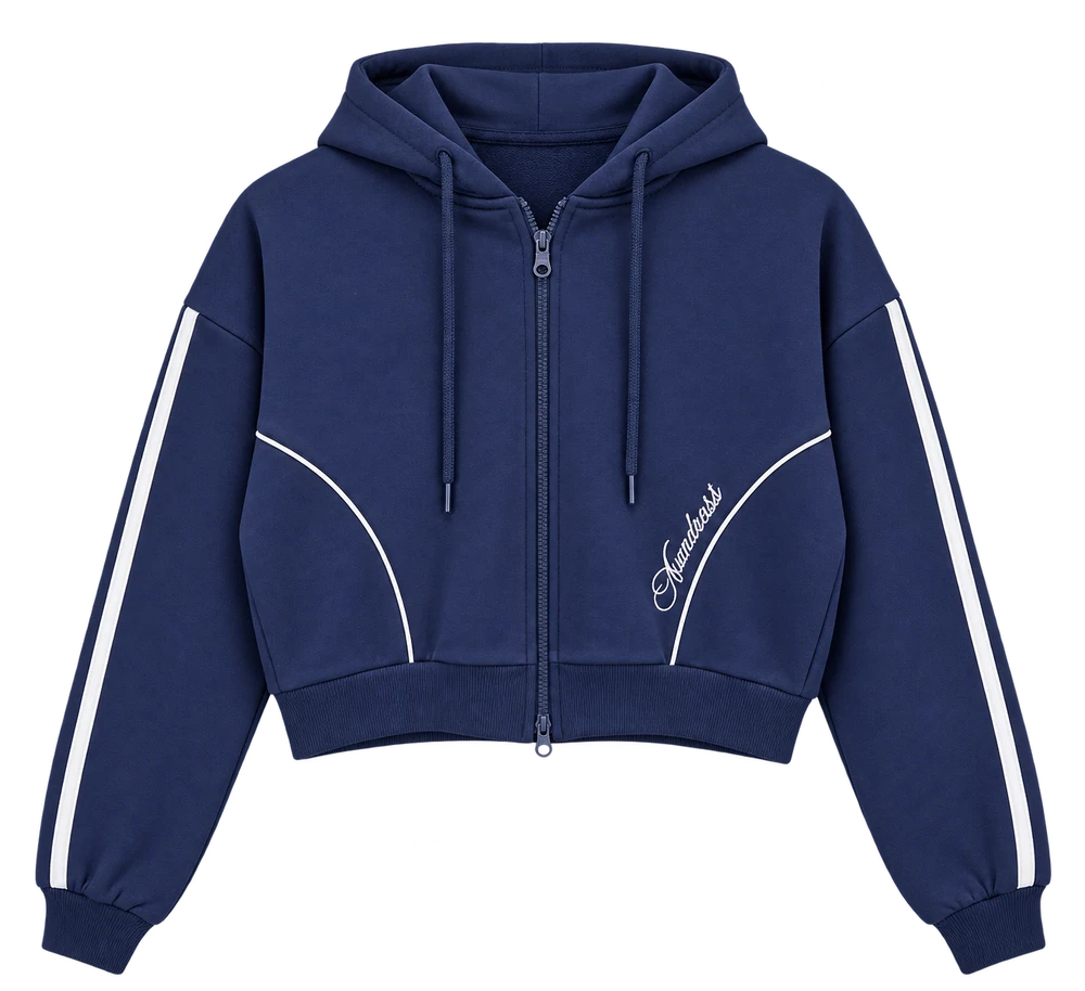 3 İplik Şeritli Nakışlı Fermuarlı Sweatshirt — Lacivert