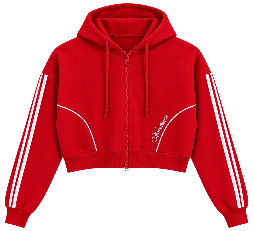 3 İplik Şeritli Nakışlı Fermuarlı Sweatshirt — Kırmızı