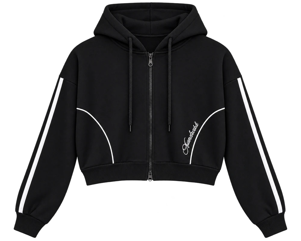 3 İplik Şeritli Nakışlı Fermuarlı Sweatshirt — Siyah