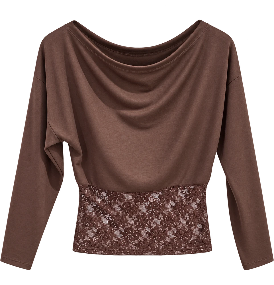 Oys Beli Dantelli Yarasa Kol Sweatshirt — Kahverengi