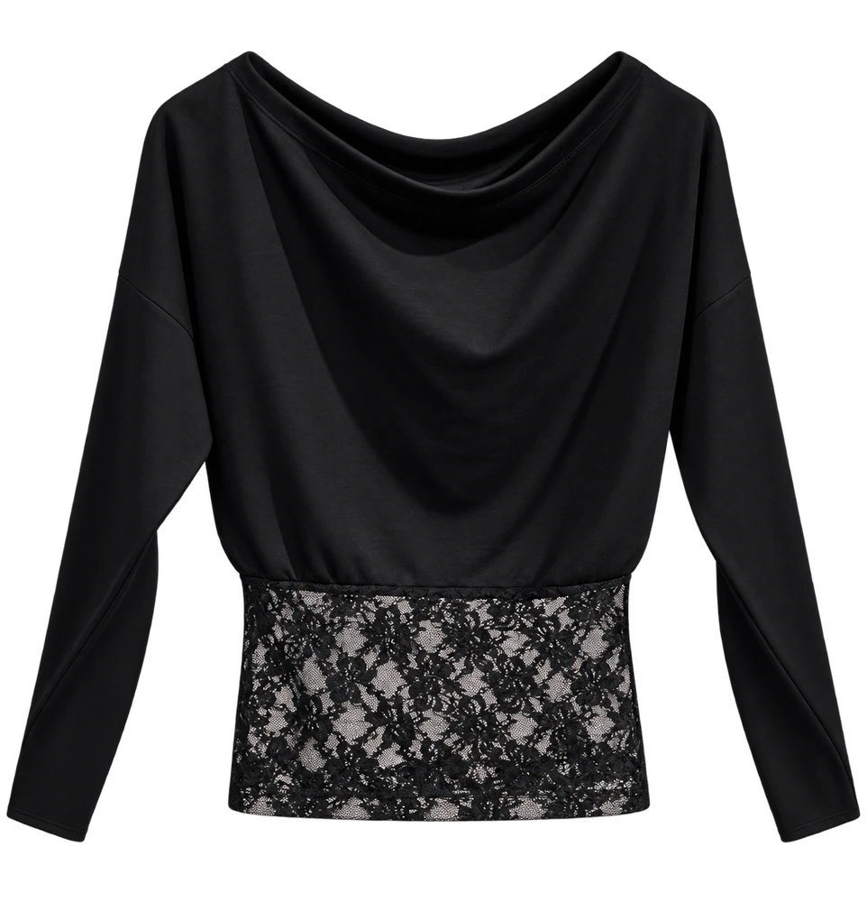 Oys Beli Dantelli Yarasa Kol Sweatshirt — Siyah