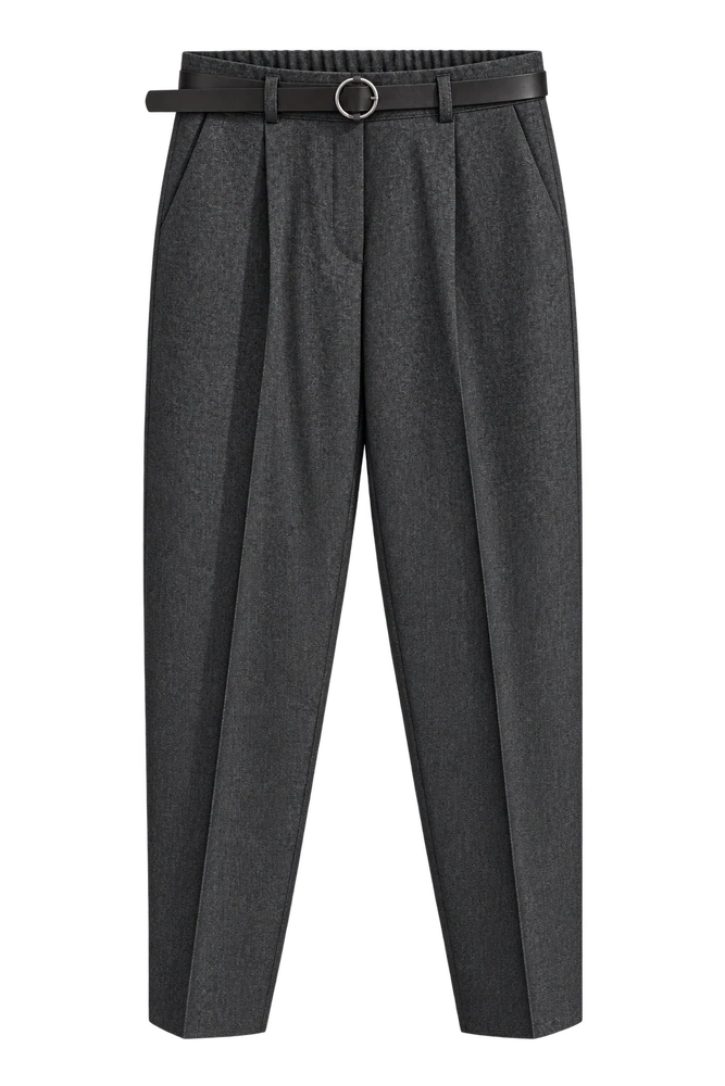 Dar paça kemerli yünlü pantolon