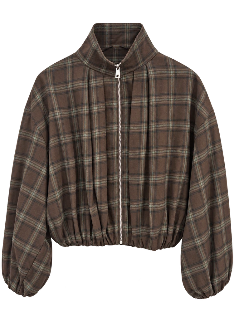 Ekose beli büzgülü bomber ceket