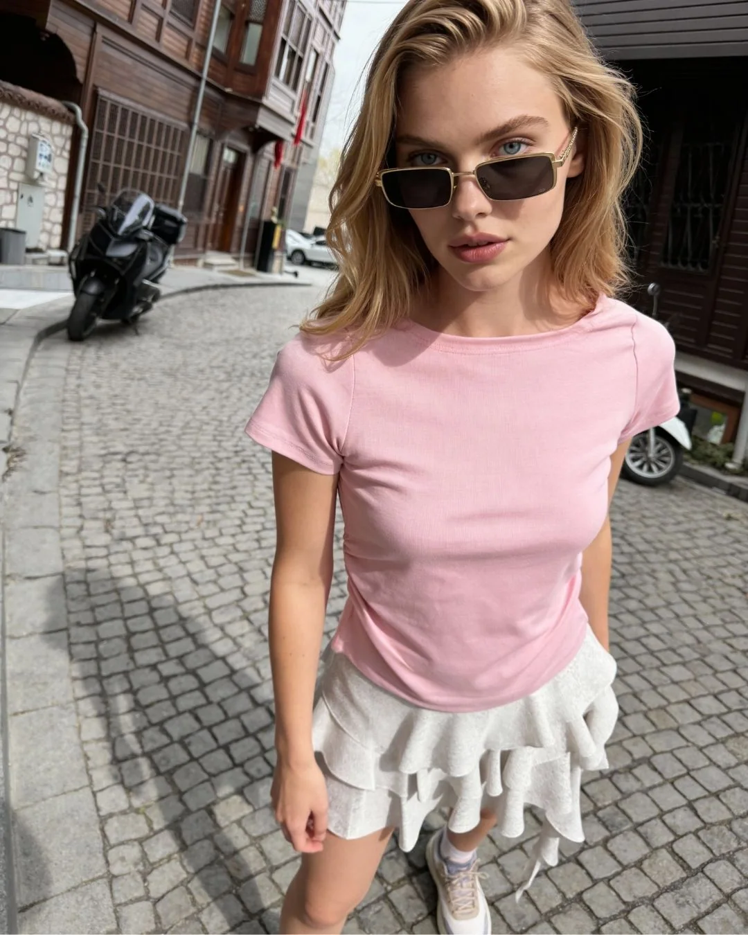 Modal kayık yaka yanı büzgülü — model üzerinde, 5. fotoğraf