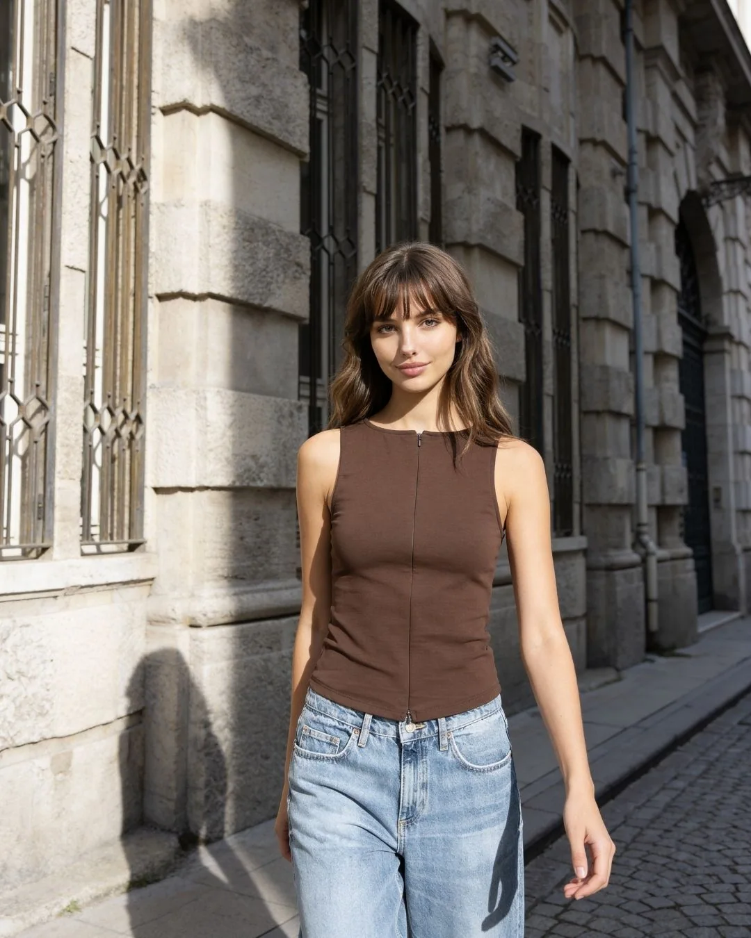 Likralı ribana kolsuz fermuarlı tşört — model üzerinde, 3. fotoğraf