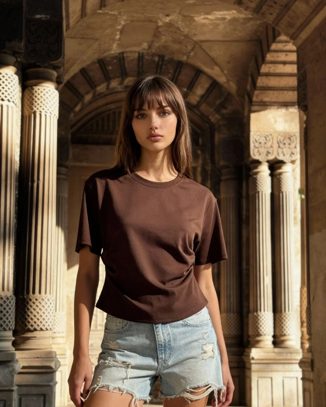 İnt yanı pleli arka yırtmaçlı tşört — model üzerinde, 4. fotoğraf