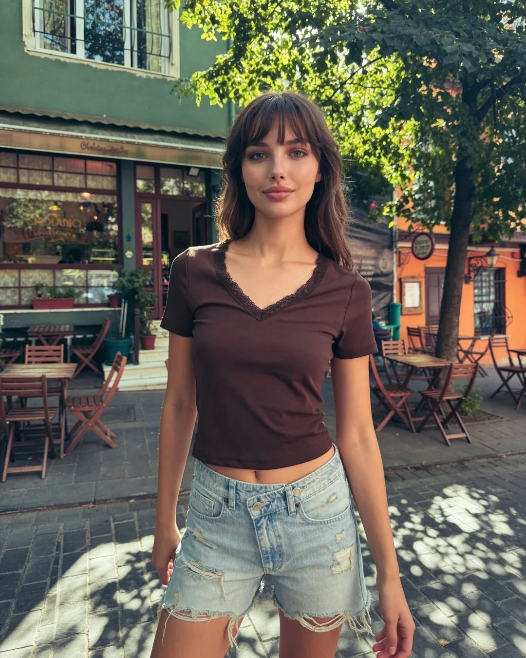 V yaka dantelli likralı ribana crop tşört