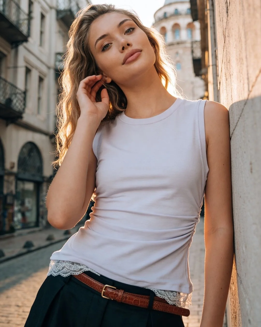 Eteği dantelli kolsuz modal tşört — model üzerinde, 2. fotoğraf