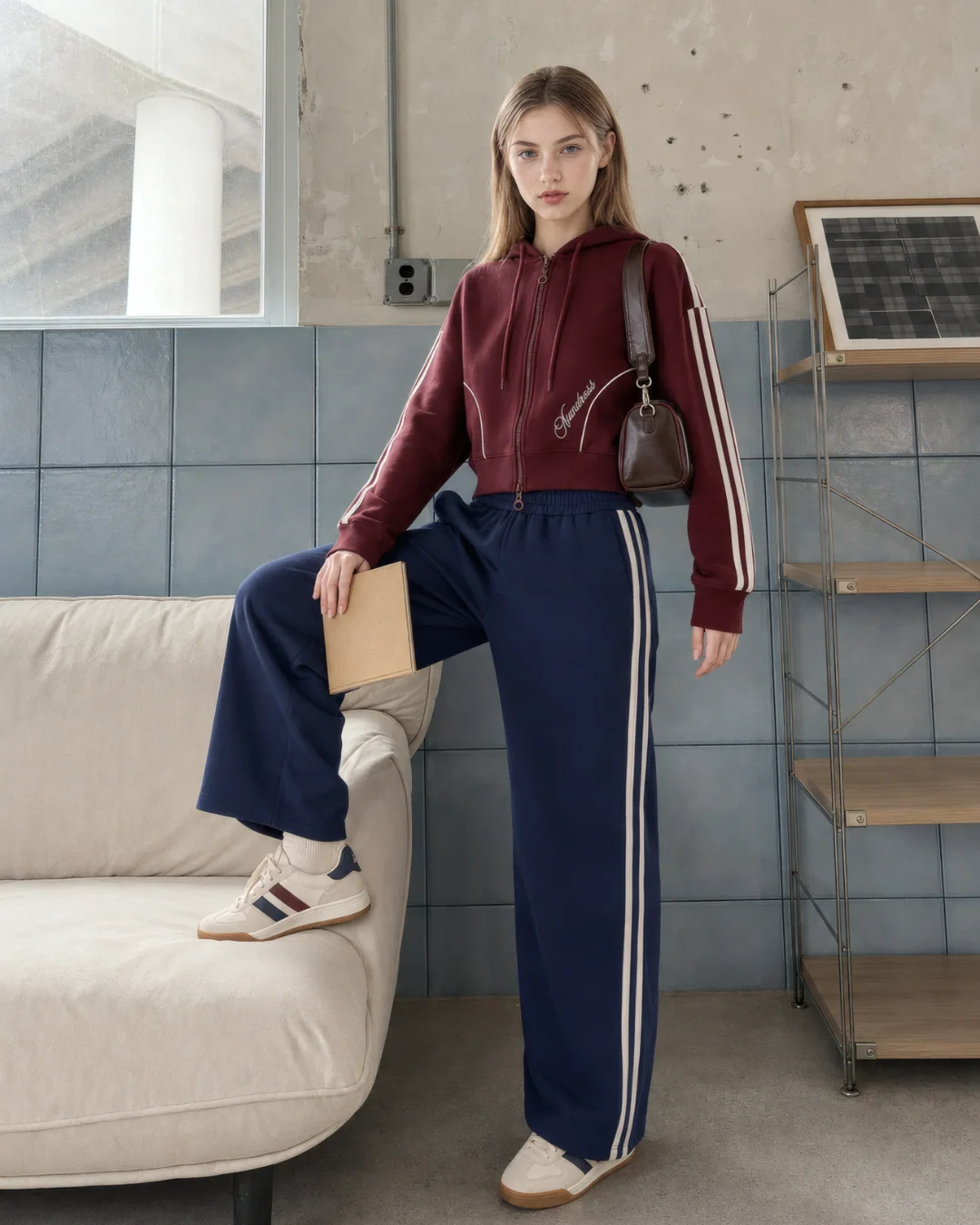 3 İplik Şeritli Nakışlı Fermuarlı Sweatshirt — model üzerinde, 3. fotoğraf
