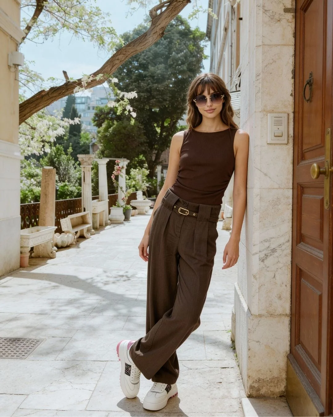 Mono touch önü pleli kemerli pantolon — model üzerinde, 1. fotoğraf