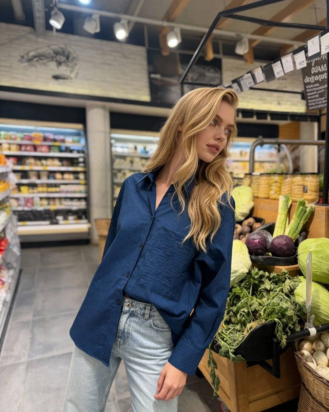 Lacivert çizgili gömlek — model üzerinde, 2. fotoğraf